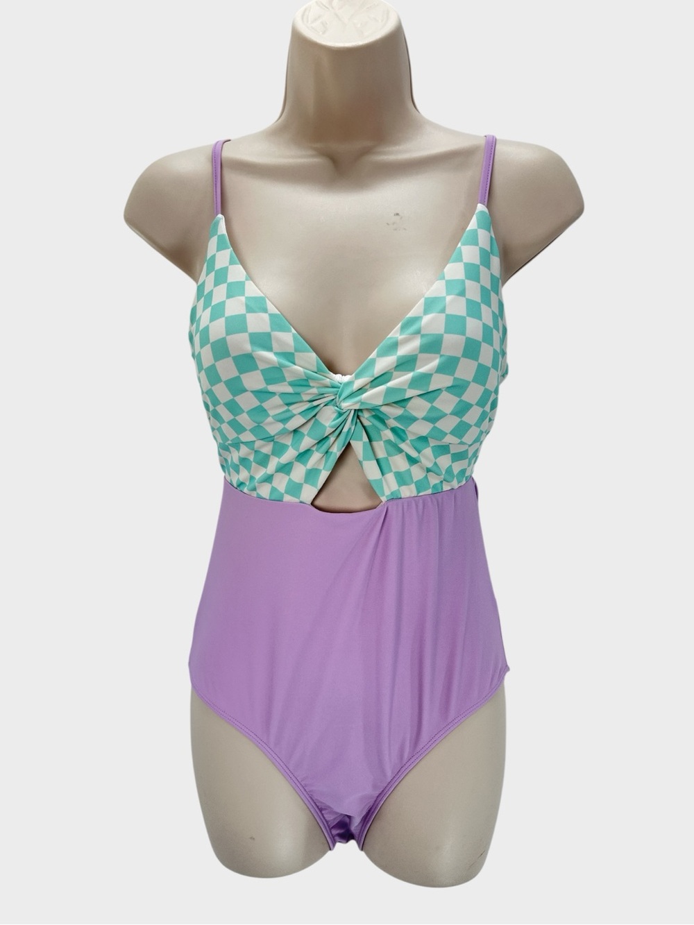 Caden Lane Ruched Cutout One Piece Swimsuit All Checked Out Twist Front UPF 50 M